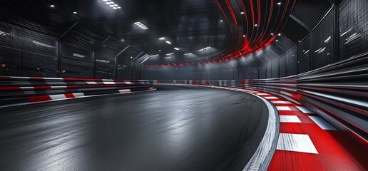 Modern Empty Race Track at Night with Serene Atmosphere and Sleek Canopy Lighting
