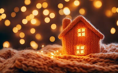 cozy house made of orange knitted fabric, glowing warmly against backdrop of soft bokeh lights, evokes sense of comfort and warmth during festive season