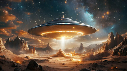 Alien Spaceship Landing on Desert Planet Illustration