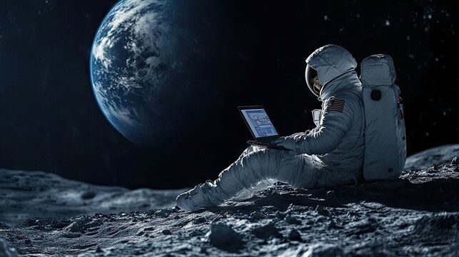 Documentary photo of an astronaut working with a laptop on the moon with the planet Earth in the background, full shot, showing the vast lunar 