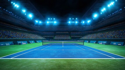 Illuminated Tennis Court at Night with Fans and Bright Floodlights in Indoor Arena