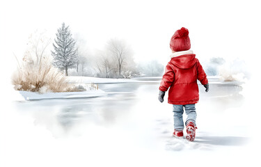 A happy child plays in the snow with their family in a winter wonderland
