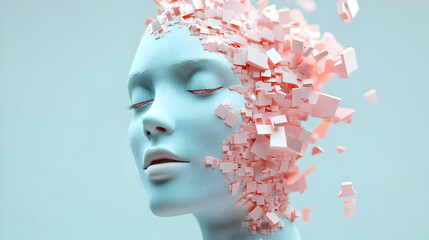 Abstract 3D Illustration of a Face Disintegrating into Cubes