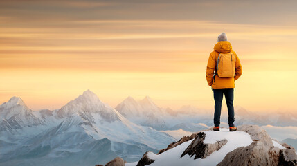 A person standing on a mountaintop at dawn, ready to face new challenges, symbolizing renewal and new beginnings