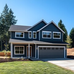 beautiful new home exterior with two car garage and covered porch on sunny day