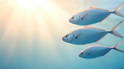 biodiversity loss species concept, Three fish swimming gracefully through clear blue water, illuminated by soft sunlight filtering from above.