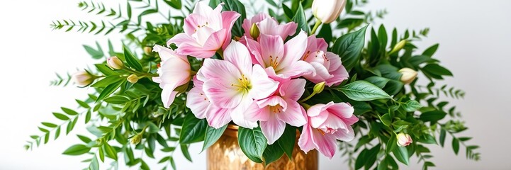 Pink and white watercolor flowers in a vase surrounded by lush greenery with a wooden base and gold accents, botanical illustrations, whimsical arrangements, wooden vases