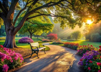 Drone View Peaceful Park Bench, Tree, Flowers, Walking Path, Spring, Summer, Nature Photography