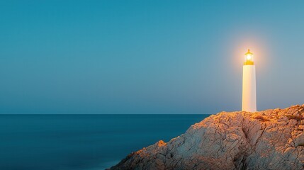 Fototapeta premium Success prosperity and hard work, A lighthouse stands on rocky shores, illuminated at dusk, guiding ships through calm waters under a serene blue sky.