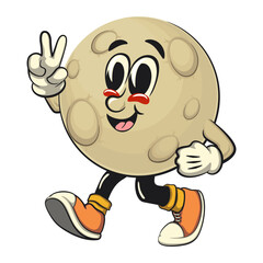 Moon mascot character illustration walking with a peace sign, cartoon mascot, work of hand drawn
