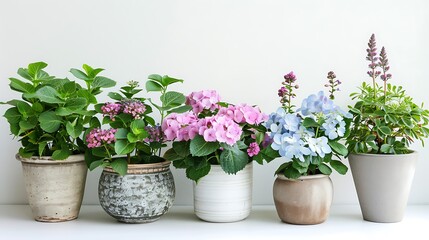 A stunning balcony garden featuring a variety of plants, including hydrangeas and azaleas, in beautiful ceramic planters on a white background