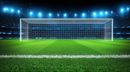 Fototapeta premium Soccer Stadium Scene with Goalpost and Cheering Fans in Bright Lights