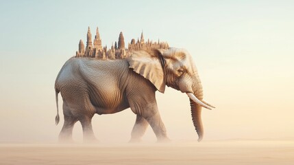 Fototapeta premium biodiversity loss species concept, A surreal image of an elephant walking through a desert, carrying a cityscape on its back, blending nature and architecture in a dreamlike scene.
