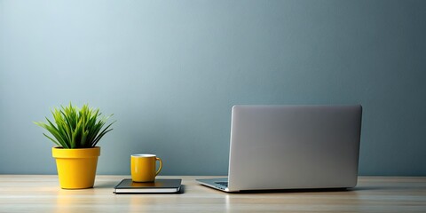 Obraz premium Minimalist Laptop Workspace: Clean Grey Desk, Simple Setup, Productivity Background, Modern Office, Tech Aesthetic