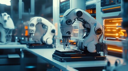 Fototapeta premium Futuristic robotic arms performing precision assembly tasks in a high-tech factory setting.
