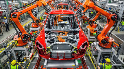 Fototapeta premium Advanced electric vehicle battery production line with robotic arms assembling lithium-ion cells. Futuristic factory interior featuring conveyor belts, technicians in clean room suits, high-tech machi