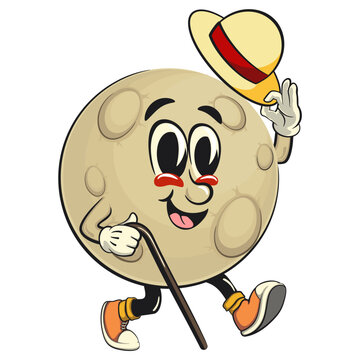 recommend clip art: Moon mascot character illustration carrying a stick and saluting with raised hat, cartoon mascot isolated, work of hand drawn