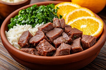 A plate of Brazilian feijoada, served with rice, orange slices, collard greens, and farofa, styled in a rustic kitchen setting