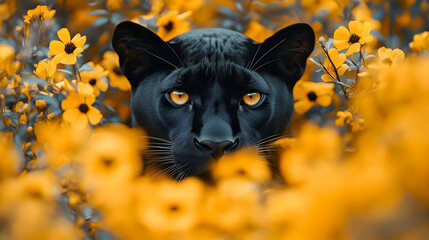 Black Panther in Yellow Flowers, Realistic Wildlife Image