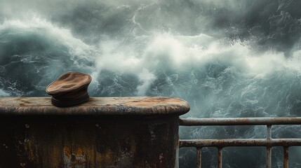 A weathered hat rests on a rusty railing against a backdrop of turbulent ocean waves.