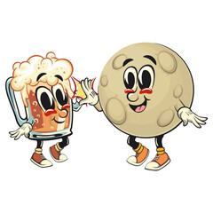 Moon mascot character illustration giving a large glass of beer a high five, cartoon mascot isolated, work of hand drawn