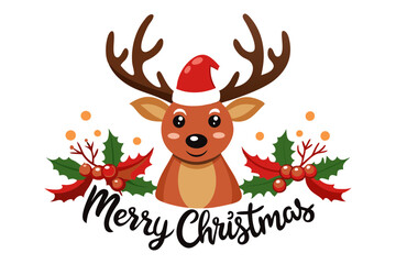 Cheerful Reindeer Illustration with Santa Hat and Festive 'Merry Christmas' Script