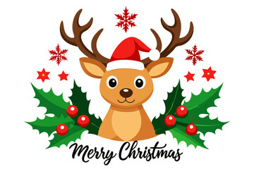Cheerful Reindeer Illustration with Santa Hat and Festive 'Merry Christmas' Script