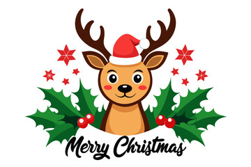 Cheerful Reindeer Illustration with Santa Hat and Festive 'Merry Christmas' Script