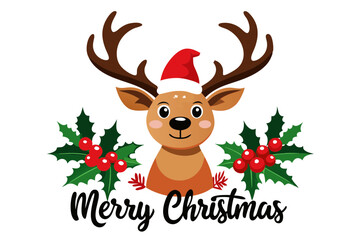 Cheerful Reindeer Illustration with Santa Hat and Festive 'Merry Christmas' Script