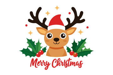 Cheerful Reindeer Illustration with Santa Hat and Festive 'Merry Christmas' Script