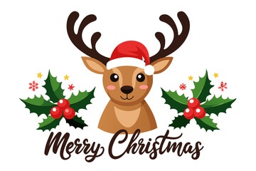 Cheerful Reindeer Illustration with Santa Hat and Festive 'Merry Christmas' Script