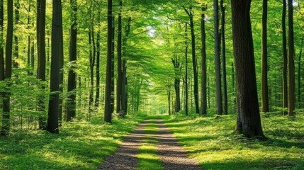 Obraz premium Sunlit Path Through Lush Green Forest Canopy