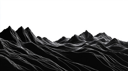 Abstract black and white mountain landscape with flowing lines in a minimalist design