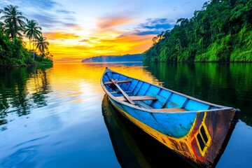 Obraz premium A sunrise over the Amazon River, with mist rising above the dense rainforest and a small boat gliding on the water