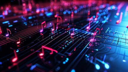 Obraz premium Neon pink and blue music notes floating above a digital soundwaves background. This abstract, tech-driven design combines elements of music and digital circuitry, creating a vibrant visual. AI
