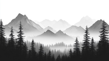 Fototapeta premium Layers of mist-shrouded mountains and tall pine trees create a serene landscape at dawn