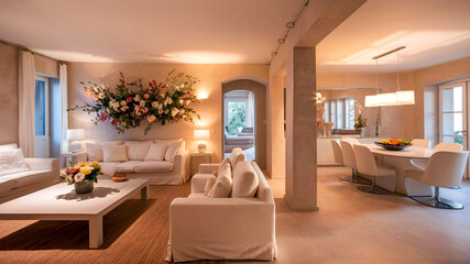 Fototapeta premium Open and inviting living room with an oversized sectional a statement coffee table and layered textures.