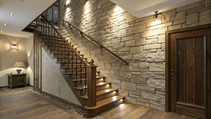 Obraz premium a wooden staircase and stone cladding wall in a rustic hallway,a Wooden Staircase Against a Stone-Cladding Wall in a Rustic-Modern Home Interior Design
