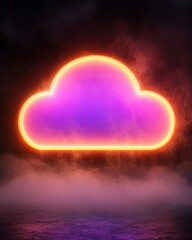 A glowing neon cloud symbol with vibrant purple and orange hues set against a dark, foggy background.