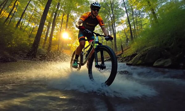 Mountain biker splashes through water in a forest at sunset.