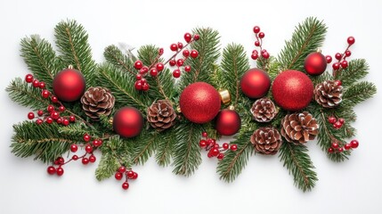 Festive Christmas garland with red ornaments and pine cones