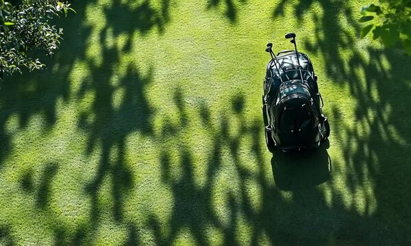 A black backpack resting on a grassy field with shadows.