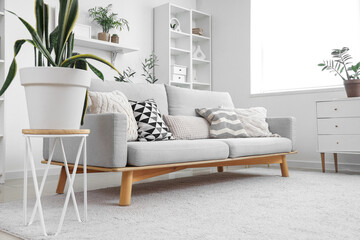 Interior of light living room with grey sofa, commode and shelf unit