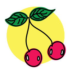 ripe red cherries connected by a branch with two green leaves with yellow circle background