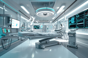Medical technology hospital setting showcasing use computer technologies for treatment. Concept Hospital Technologies