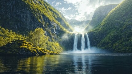 Picturesque waterfall in Norway, with rugged terrain and lush surroundings
