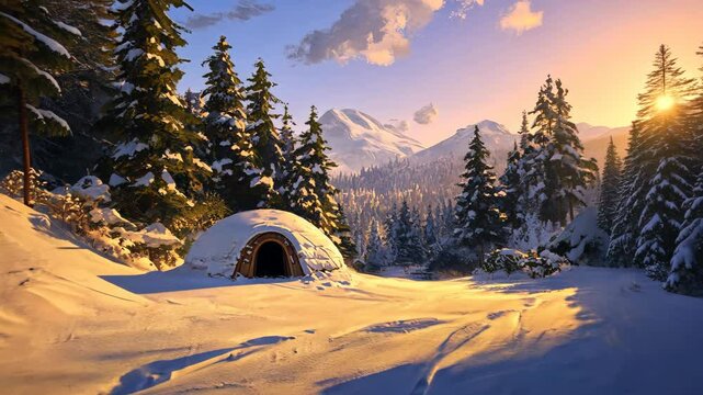 Winter landscape featuring a snow-covered igloo in a serene forest during sunset
