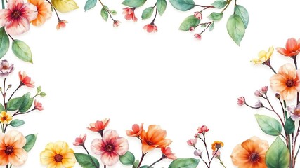 Fototapeta premium Watercolor watercolor leafy stems and flowers frame border on white background, tree silhouettes, abstract frames