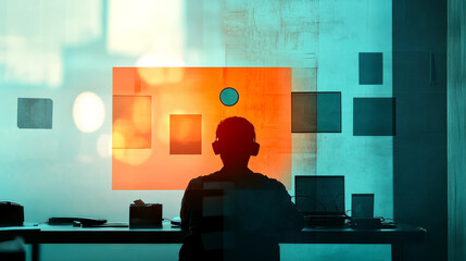 A silhouette of a person at a desk, immersed in a colorful digital environment filled with geometric shapes and vibrant colors.