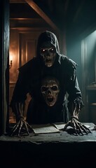 Undead Creature with Glowing Red Eyes and Scarred Skull